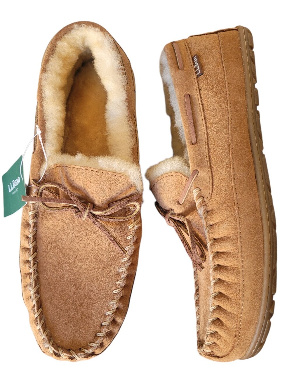 LL Bean Wicked Good Moccasin Slippers Loafers Mens 10 Tan Suede Lamb Fur NEW